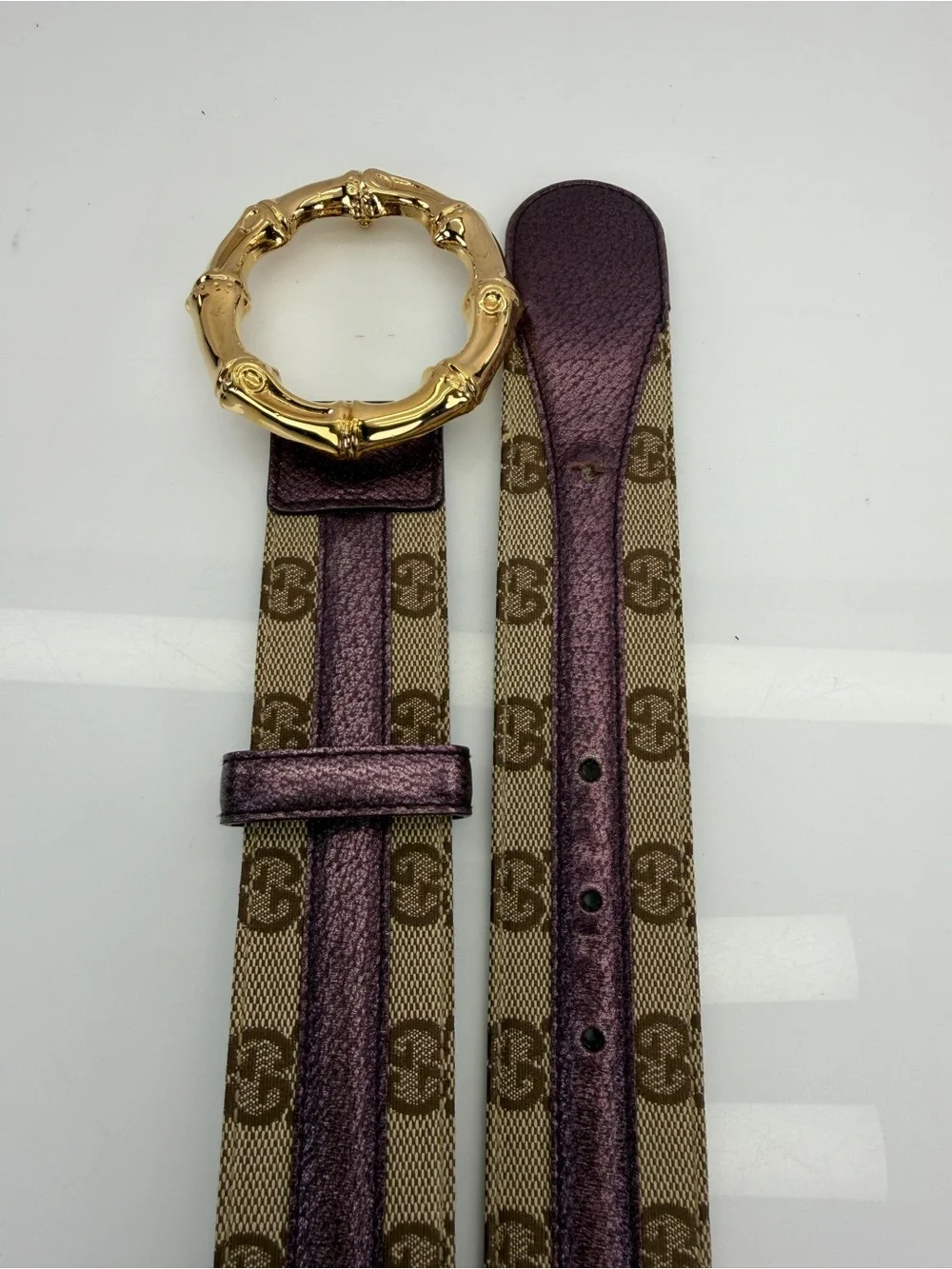 Gucci Vintage Bamboo GG Canvas Leather Waist Metallic Purple Belt 75/30